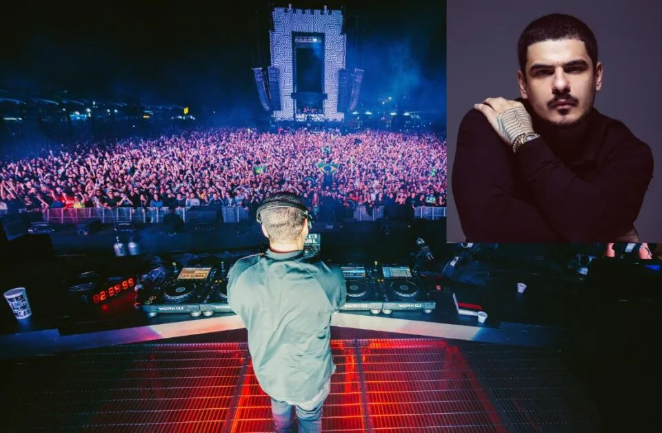 Duas fotos: Vintage Culture e vista do palco no show
