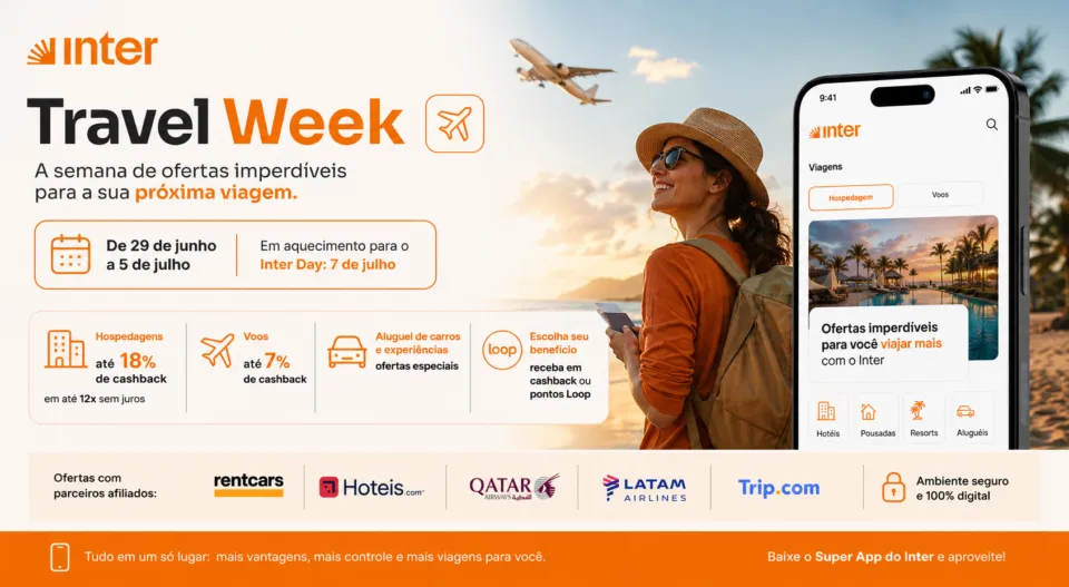 Inter promove Travel Week com cashback e ofertas em viagens antes do Inter Day
