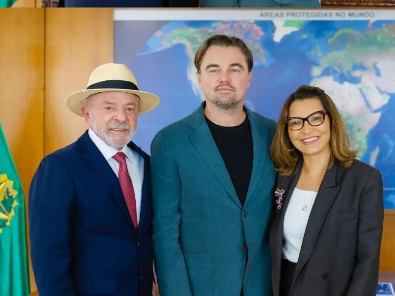 Lula e Janja recebem Leonardo DiCaprio no Palácio do Planalto, em Brasília
