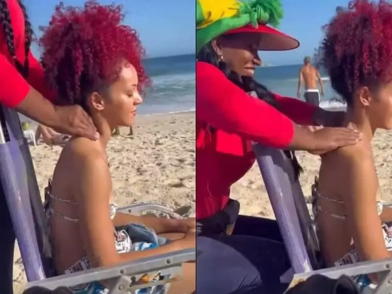 Georgia South, do Nova Twins, que abre o Palco Mundo nesta sexta (4), ganha massagem na praia